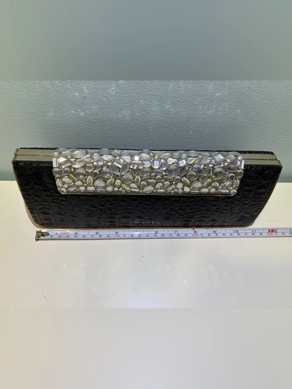Black Embossed Crocodile Print Evening Clutch Dramatic Crystal Accent & Chain